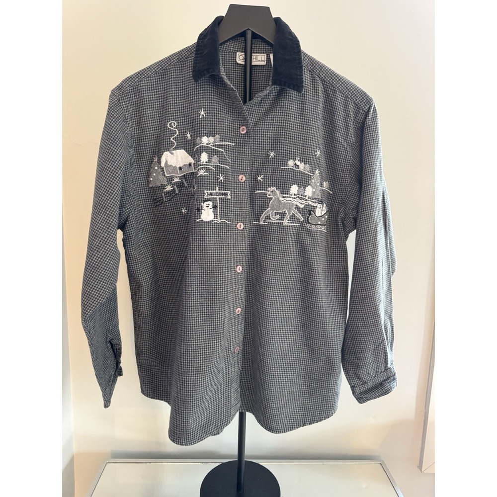 Vtg Oak Hill Winter Embroidered Shirt L‎ Snowman Horse Sleigh Trees Cotton